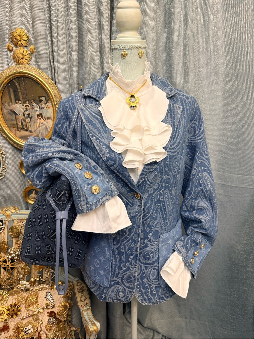 Reborn French Chic Paisley Denim Blazer | Custom Monogram & Gold Logo Buttons